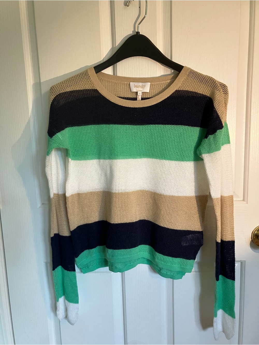 Laundry By Shelli Segal Navy, Green, White & Tan Striped Crewneck Sweater